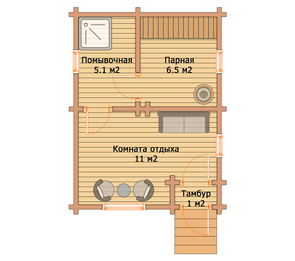 Кубинка» — проект одноэтажной бани из бруса - БрусГост